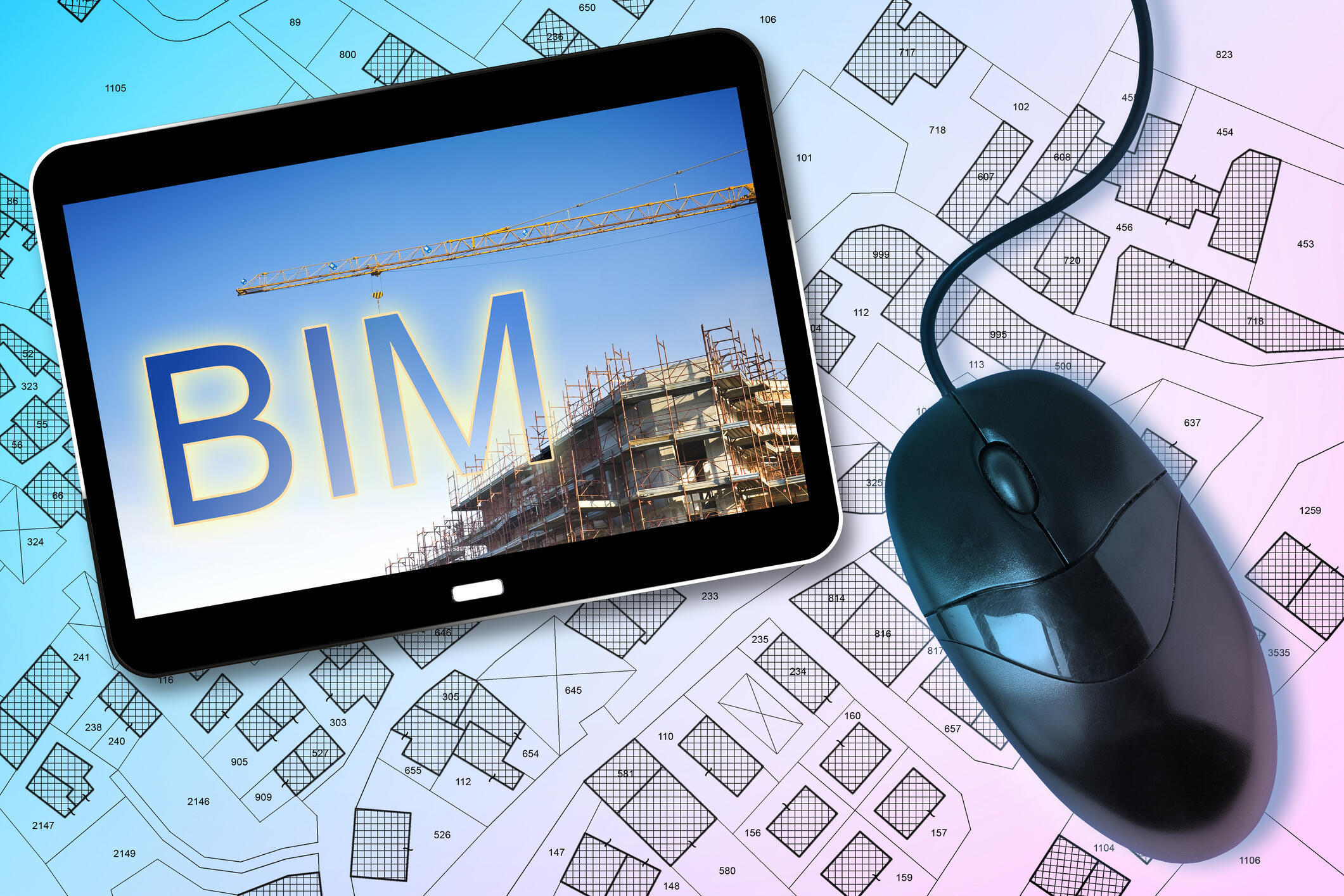 Auf einem Papier-Bauplan liegen eine Computer-Maus und ein Tablet. Auf dem Display ist das Wort BIM sowie eine Baustelle mit Kran zu sehen.